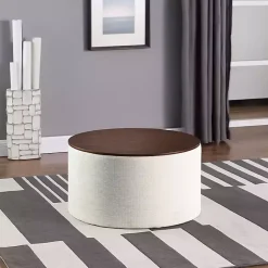 Kirklands Home Cream Woven Wood Top Storage Ottoman Ivory Sale