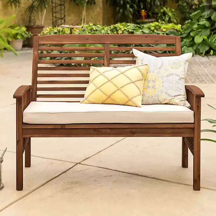 Kirklands Home Dark Acacia Wood Loveseat Bench with Cushion Brown Clearance