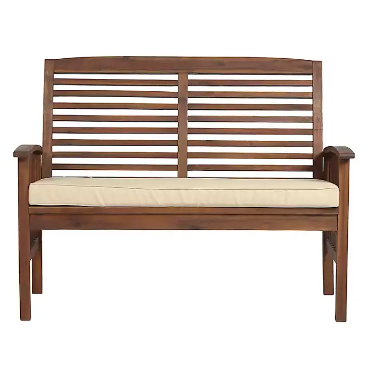 Kirklands Home Dark Acacia Wood Loveseat Bench with Cushion Brown Clearance