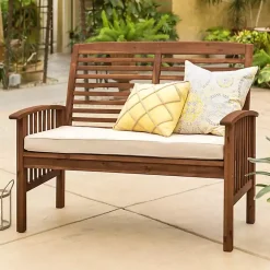 Kirklands Home Dark Acacia Wood Loveseat Bench with Cushion Brown Clearance