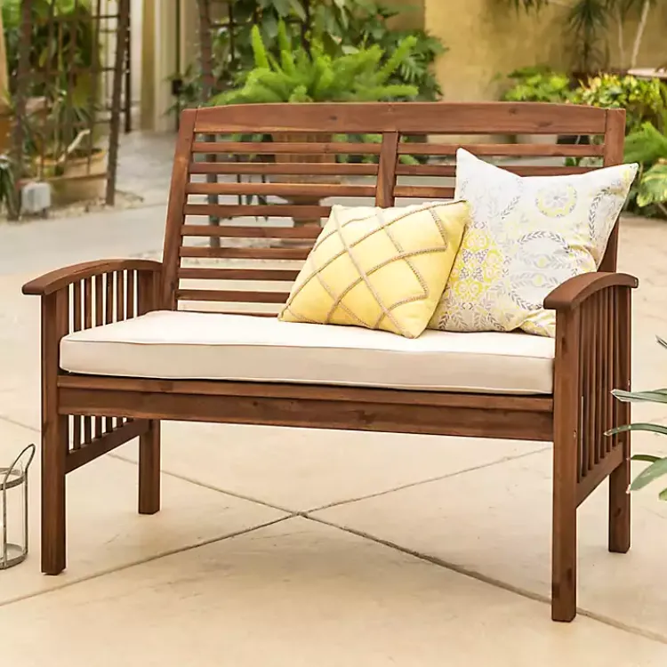 Kirklands Home Dark Acacia Wood Loveseat Bench with Cushion Brown Clearance