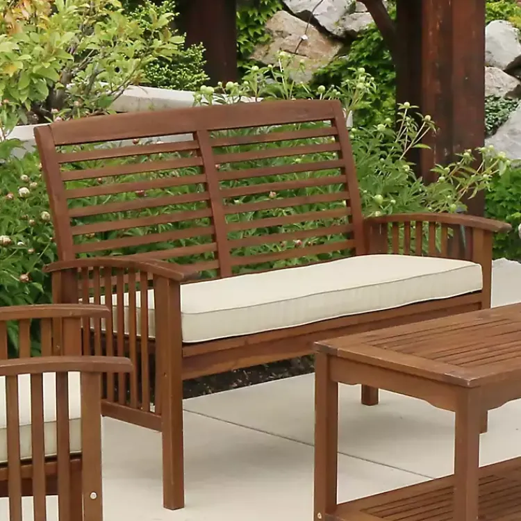 Kirklands Home Dark Acacia Wood Loveseat Bench with Cushion Brown Clearance