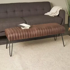 Kirklands Home Dark Leather Tufted Panel Bench Brown New