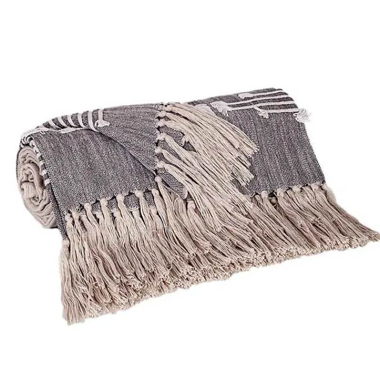 Blankets & Throws>Kirklands Home Dark Slub Striped Tassel Throw Gray