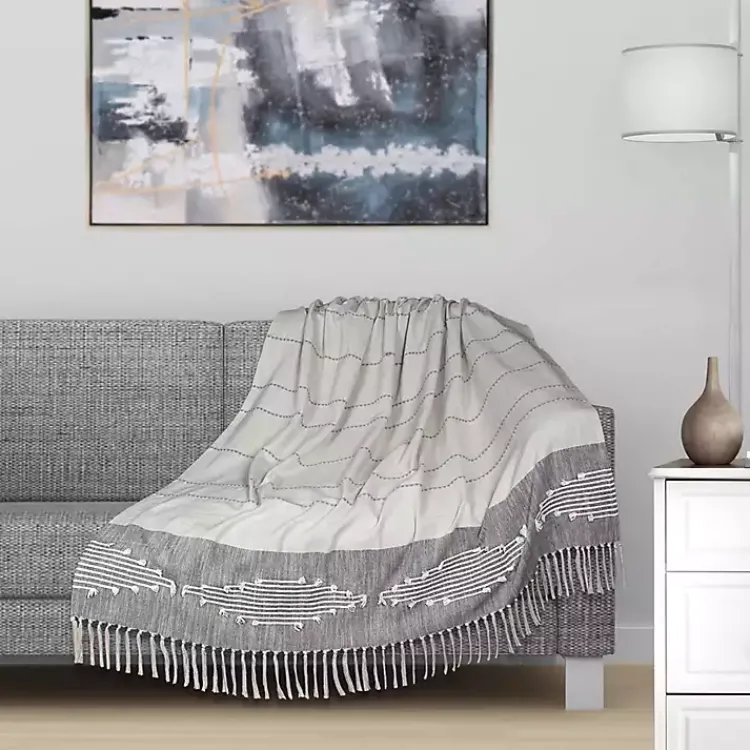 Blankets & Throws>Kirklands Home Dark Slub Striped Tassel Throw Gray