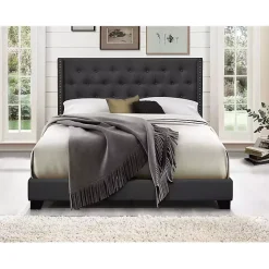 Kirklands Home Dark Upholstered Button Tufted Wing Queen Bed Gray