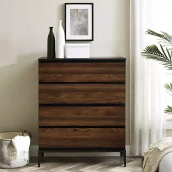Kirklands Home Dark Walnut Midcentury Four-Drawer Chest Brown Clearance