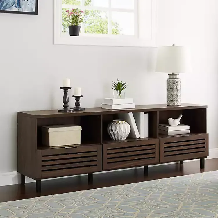 Kirklands Home Dark Walnut Rustic Slat Door TV Stand, 70 in. Brown