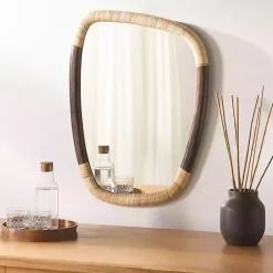 Kirklands Home Dark Wood and Natural Cane Abstract Wall Mirror New