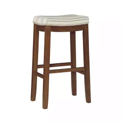 Kirklands Home Dark Wood Bar Stool with Striped Cushion Gray Sale