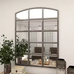 Kirklands Home Distressed Metal Windowpane Arched Mirror Black Sale