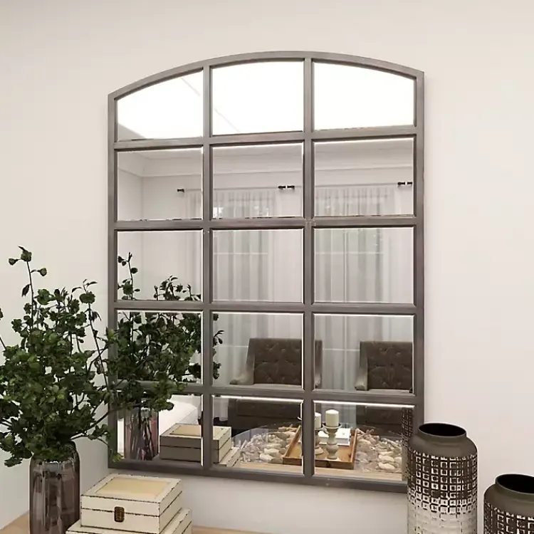 Kirklands Home Distressed Metal Windowpane Arched Mirror Black Sale