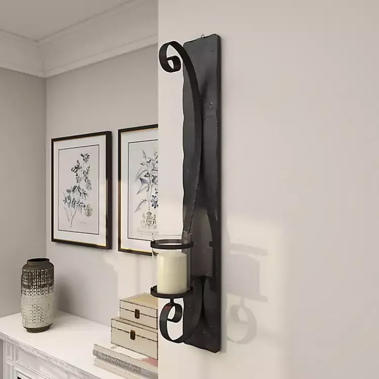 Sconces>Kirklands Home Distressed Black Scrolled Metal Sconce