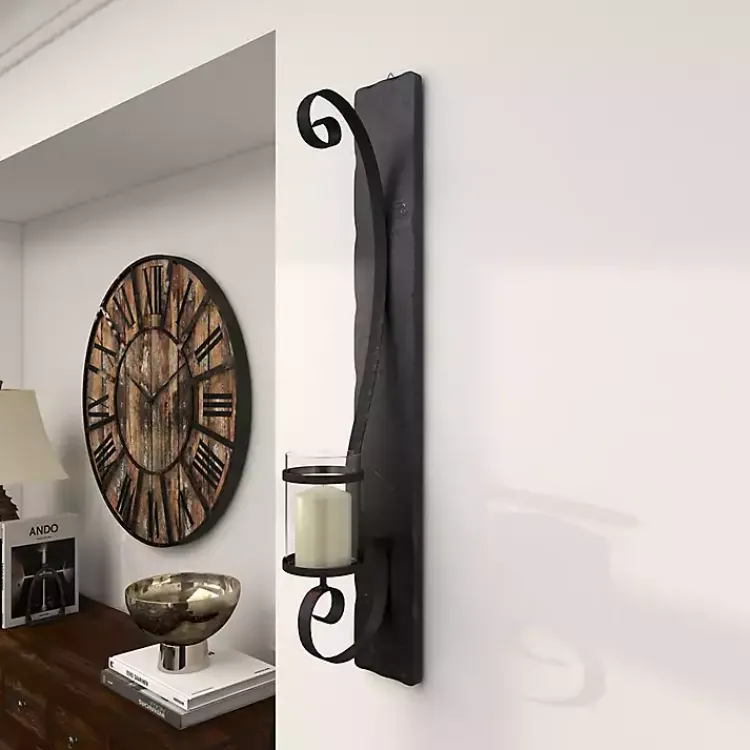 Sconces>Kirklands Home Distressed Black Scrolled Metal Sconce