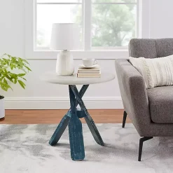 Kirklands Home Distressed Blue Oars Coastal Accent Table White Sale