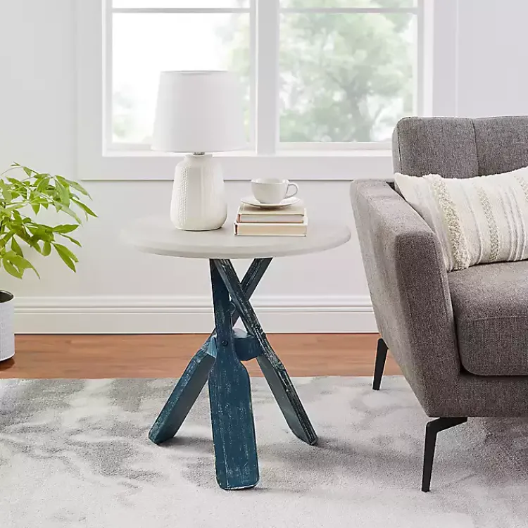 Kirklands Home Distressed Blue Oars Coastal Accent Table White Sale
