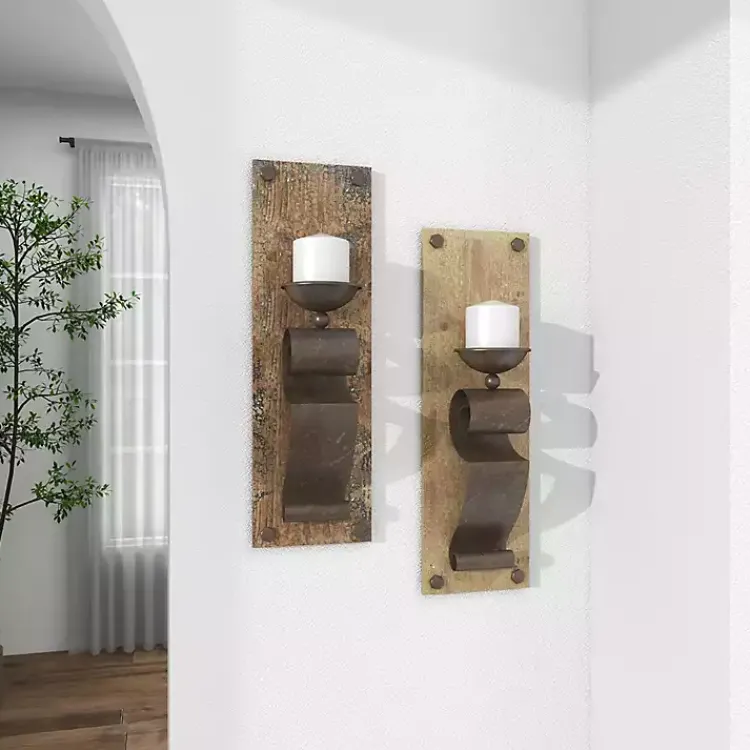 Sconces>Kirklands Home Distressed Brown Wood Wall Sconces, Set of 2