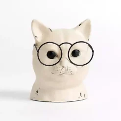 Statues & Figurines>Kirklands Home Distressed Cream Cat with Glasses Figurine White