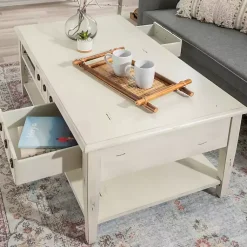Kirklands Home Distressed Cream Wood 3-Drawer Coffee Table Ivory Sale