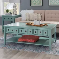 Kirklands Home Distressed Turquoise Wood 3-Drawer Coffee Table Blue Clearance