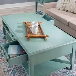 Kirklands Home Distressed Turquoise Wood 3-Drawer Coffee Table Blue Clearance