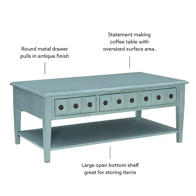 Kirklands Home Distressed Turquoise Wood 3-Drawer Coffee Table Blue Clearance