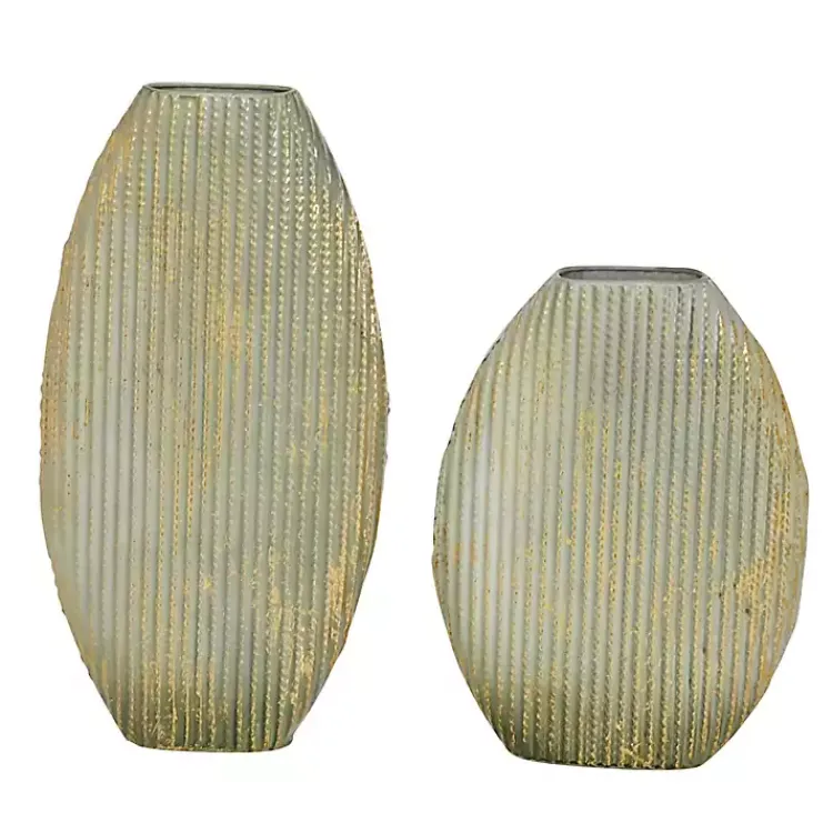 Vases>Kirklands Home Distressed White and Beige Flat Vases, Set of 2