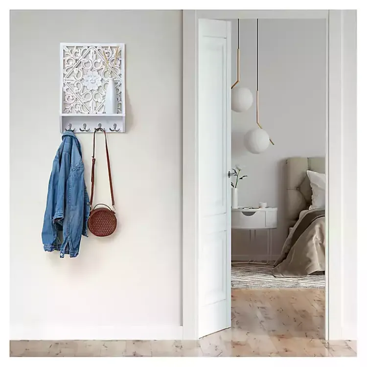 Kirklands Home Distressed White Floral Carved Wall Shelf Discount