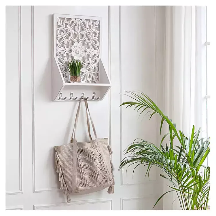 Kirklands Home Distressed White Floral Carved Wall Shelf Discount