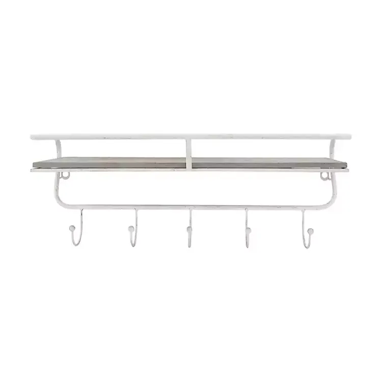 Kirklands Home Distressed White Metal Wall Shelf with Hooks Sale