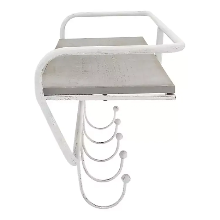 Kirklands Home Distressed White Metal Wall Shelf with Hooks Sale