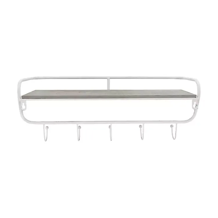 Kirklands Home Distressed White Metal Wall Shelf with Hooks Sale