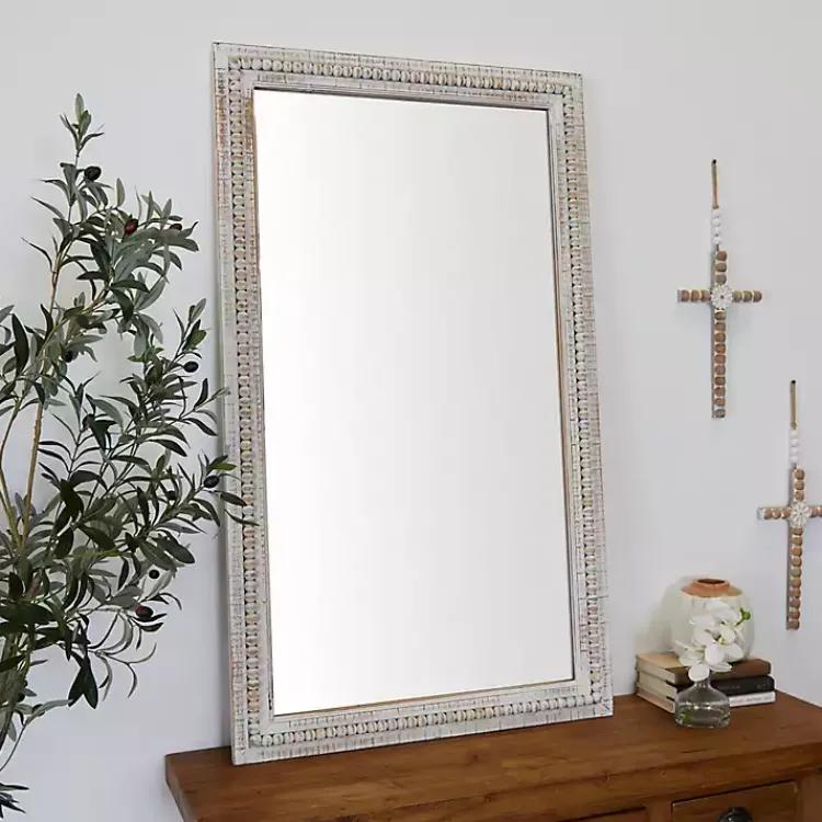 Kirklands Home Distressed White Wood Carved Frame Wall Mirror Outlet