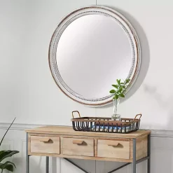Kirklands Home Distressed White Wood Round Frame Wall Mirror Clearance