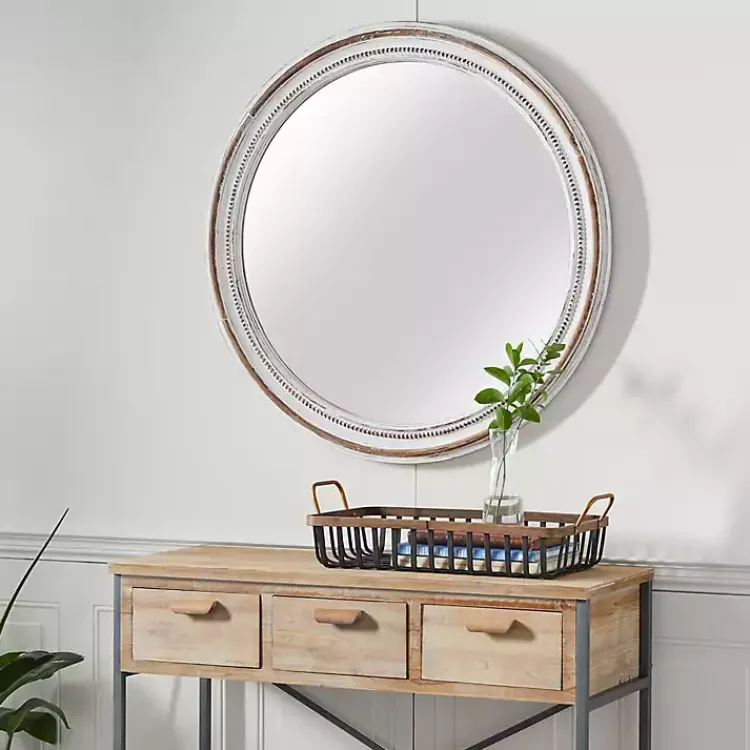 Kirklands Home Distressed White Wood Round Frame Wall Mirror Clearance
