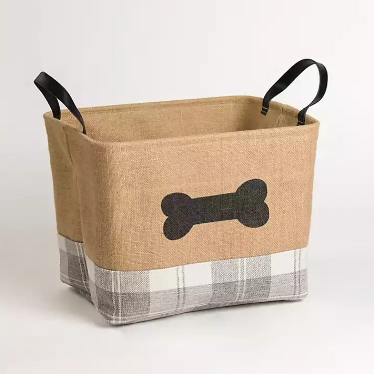 Baskets & Boxes>Kirklands Home Dog Bone Gray Plaid Leather Handle Jute Bin