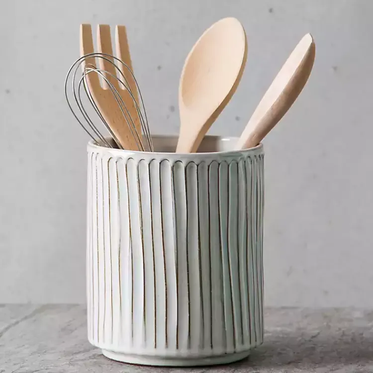 Kirklands Home Earthy Embossed Lines Utensil Crock White Outlet