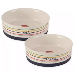 Kirklands Home Eat & Drink Large Striped Pet Bowls, Set of 2 Multi New