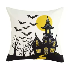 Halloween>Kirklands Home Embroidered Haunted House Pillow
