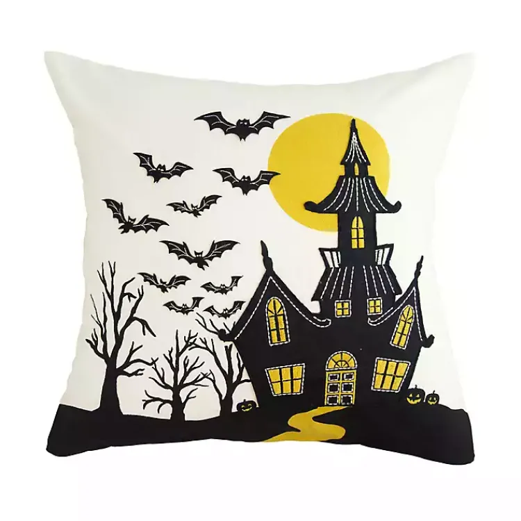 Halloween>Kirklands Home Embroidered Haunted House Pillow