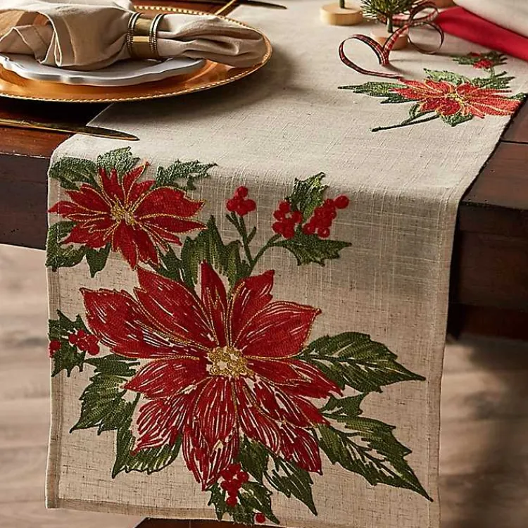 Christmas Dining & Entertaining>Kirklands Home Embroidered Holly Poinsettia Table Runner
