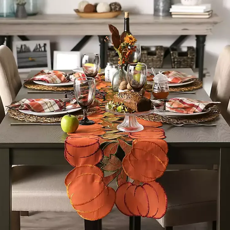 Fall>Kirklands Home Embroidered Pumpkins Table Runner Orange