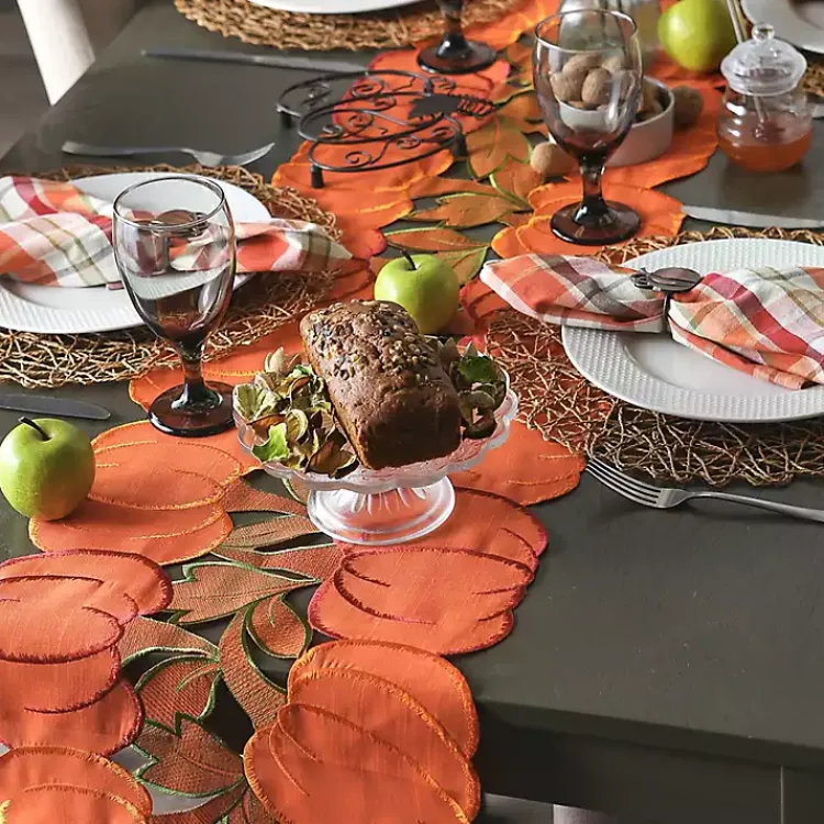 Fall>Kirklands Home Embroidered Pumpkins Table Runner Orange