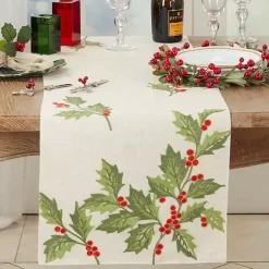Kirklands Home Evergreen Holly Leaves Cotton Runner Hot