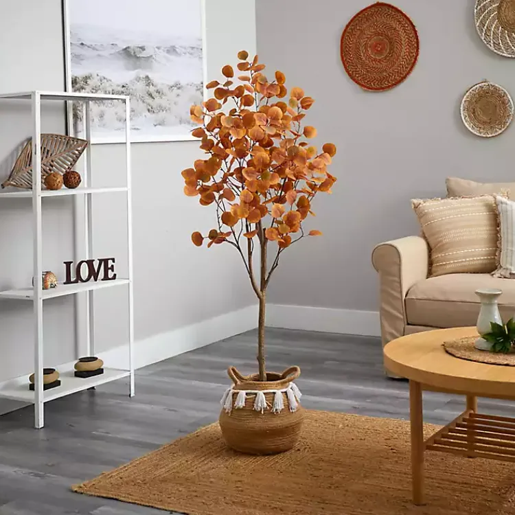 Trees & Topiaries>Kirklands Home Fall Eucalyptus Tree in Woven Planter, 5 ft. Orange