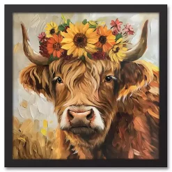 Fall>Kirklands Home Fall Floral Highland Cow Framed Canvas Art Print Brown