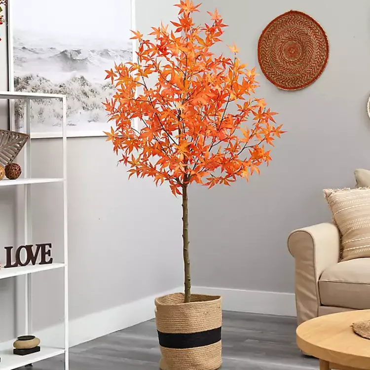 Trees & Topiaries>Kirklands Home Fall Maple Tree in Woven Planter, 6 ft. Orange