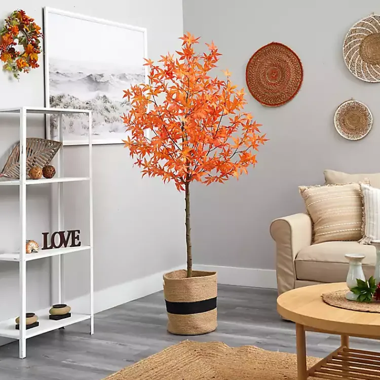 Trees & Topiaries>Kirklands Home Fall Maple Tree in Woven Planter, 6 ft. Orange