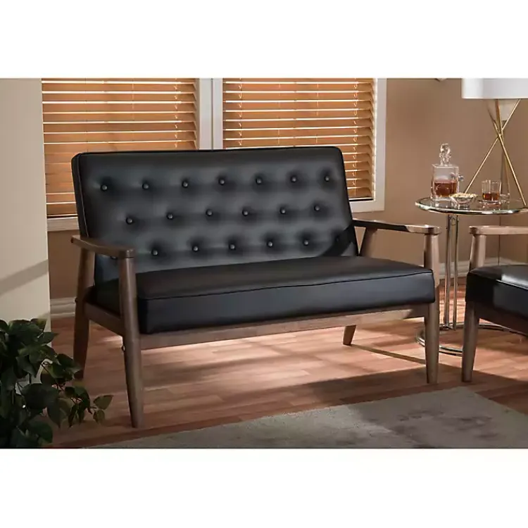 Kirklands Home Faux Leather and Rubberwood Loveseat, 49 in. Brown New