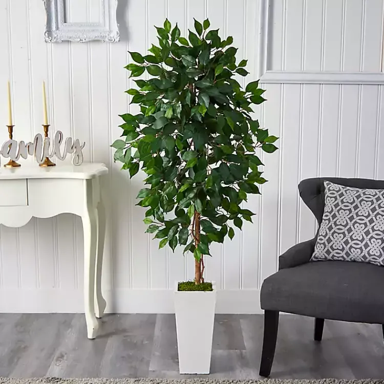 Trees & Topiaries>Kirklands Home Ficus Tree in Mossy White Tower Planter